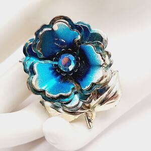 Vintage Blue Enamel Flower Brooch, AB Rhinestone, Silver Tone, 1 3/4 Inches